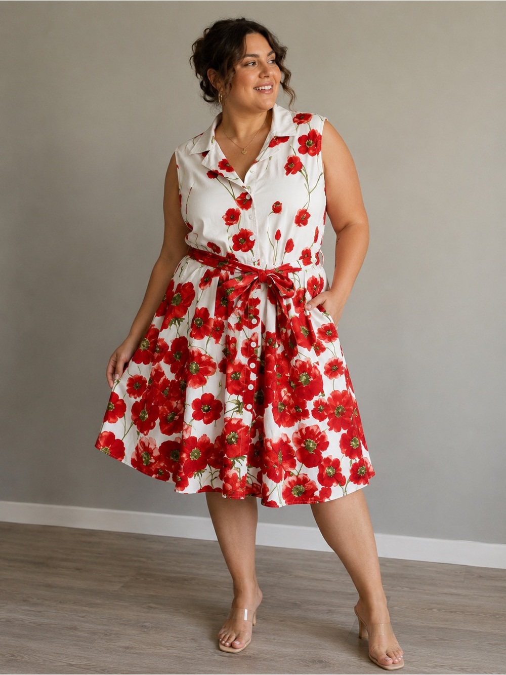 Lane Bryant Floral Sleeveless Collared Fit & Flare Dress